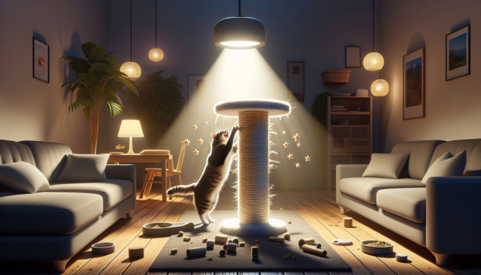 A cat scratching a catnip-sprinkled post, ignoring furniture, in a cozy room, demonstrating effective behaviour training.
