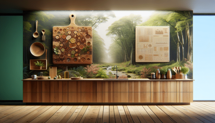 A sustainable kitchen scene featuring a wooden cutting board made from maple, walnut, and cherry, set in a sustainably managed forest.