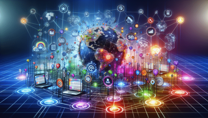 An Illustration of Digital Marketing Services: A vibrant digital landscape illustrating SEO, social media, and devices converging to engage audiences.