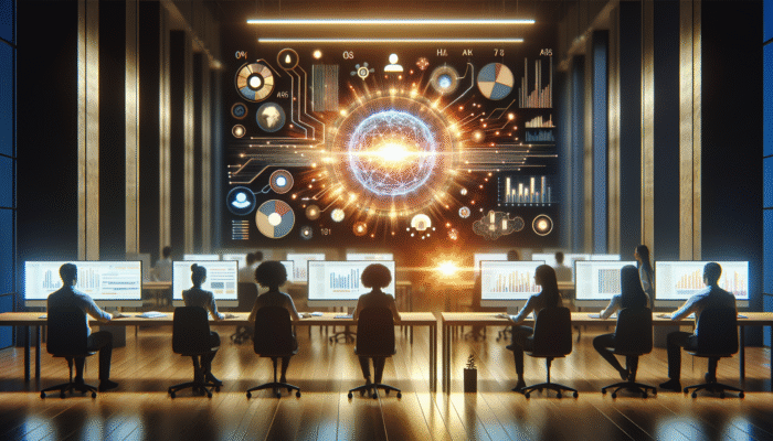 A modern office with a digital dashboard displaying real-time analytics and social media data, team adjusting strategies.