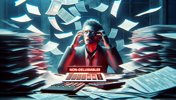 Are Debt Consolidation Fees Tax-Deductible: A Guide | DCL Individual looking perplexed amidst scattered documents and calculators, with a tax form highlighting non-deductible fees in red.