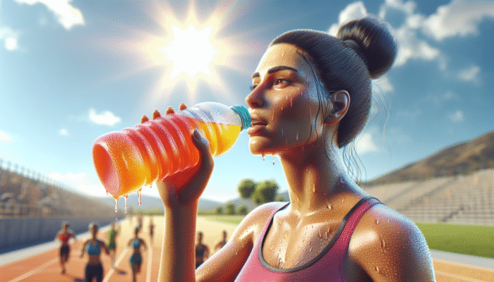 Individual consuming a vibrant electrolyte drink, showcasing the importance of hydration and physical exertion in a sunny environment.