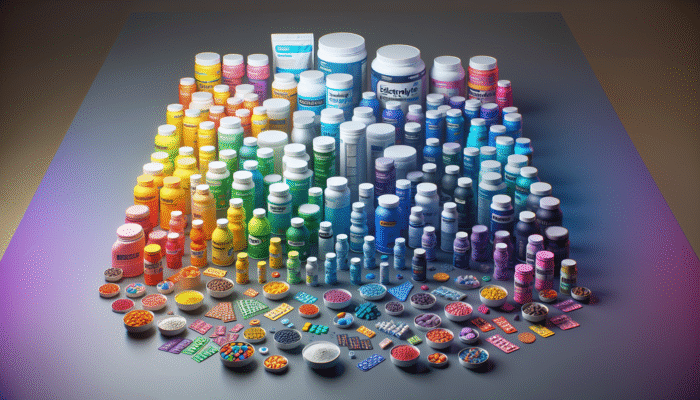 An assortment of electrolyte supplements in various forms such as powders, tablets, and drinks displayed on a table.