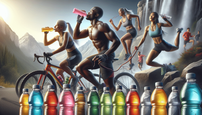 Vibrant ready-to-drink electrolyte beverages with athletes hydrating during vigorous workouts.