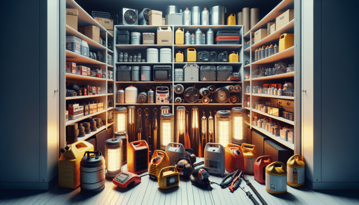 A well-organised storage room with labeled shelves holding various emergency heat sources, ensuring safety and longevity.