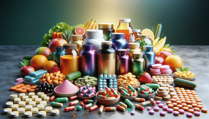 Colourful array of dietary supplements on a table, with fruits and vegetables in the background.