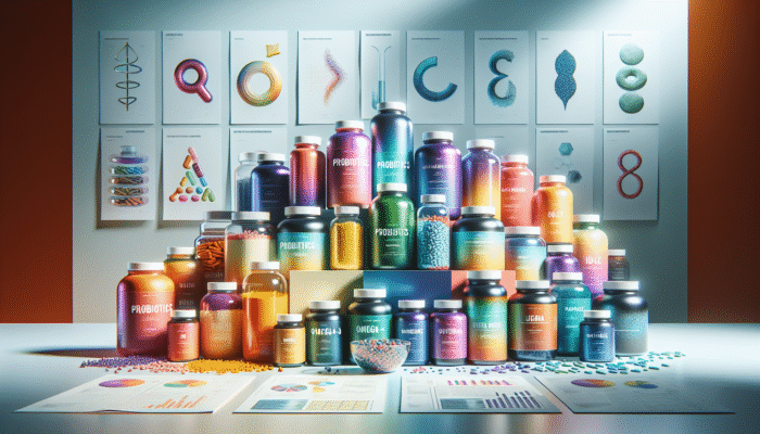Array of specialty supplement bottles featuring probiotics, omega-3, and protein powders on a health-focused backdrop.