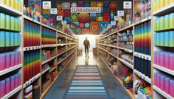 A person browsing a colourful clearance section with signs of affordable prices, leading to a service counter with a friendly staff member.