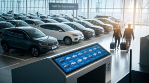 A contemporary Car Rentals centre featuring rows of parked vehicles inside a bright, glass-walled building. Two travellers with suitcases approach the cars, while a digital kiosk provides hassle-free booking options. Sunlight pours in from expansive windows.