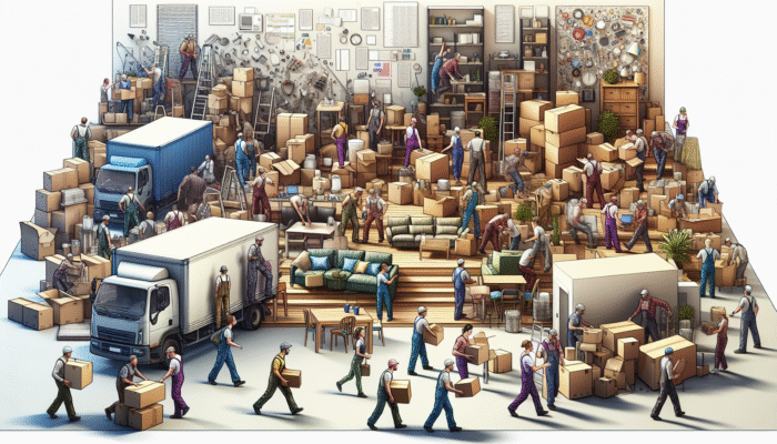 Workers rapidly clearing a home, packing items into a truck amidst moving boxes and furniture.