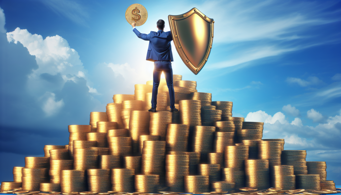 A person on a gold coin mountain, symbolizing financial security, with a shield representing an emergency fund.