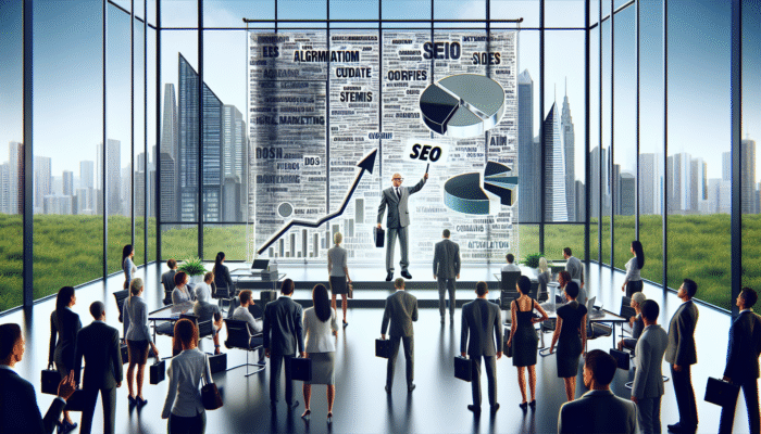 SEO is Alive: A digital marketing agency office with an algorithm chart and salespeople promoting expensive SEO courses to entrepreneurs.
