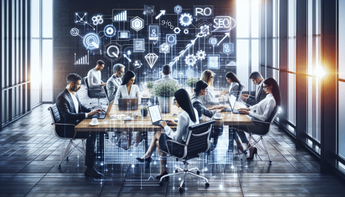 Entrepreneurs and SMEs utilizing digital tools in a contemporary office to implement effective SEO strategies that improve website rankings.