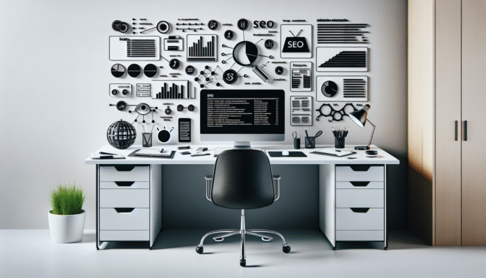 A minimalist desk with a computer displaying SEO analytics, tools like Yoast and Google Keyword Planner, focusing on content creation and link building.
