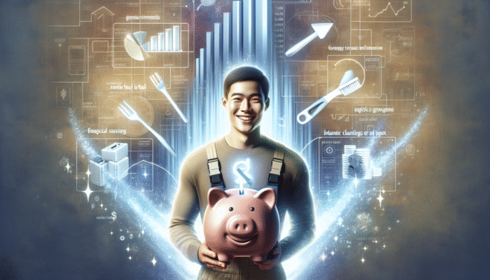 Person smiling with rented tool, cleared house items, piggy bank, and savings chart demonstrating financial savings.