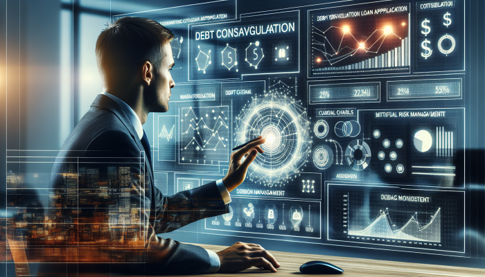 UK lender assessing debt consolidation loan risk in modern office with financial charts and economic trends on screen.