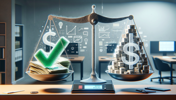 Debt Consolidation Loan Income Requirements: A Guide | DCL A scale balancing monthly bills and a paycheck, with a green checkmark over the lower debt side, within a financial office environment.