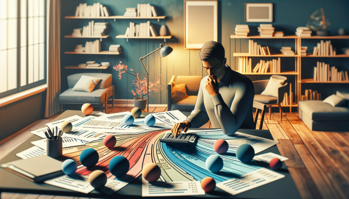Debt Consolidation Loan Income Requirements: A Guide | DCL Individual calculating their debt-to-income ratio in a comfortable home office, surrounded by financial documents and graphs.