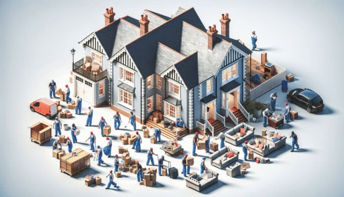 House Clearance Quotes in the UK Compared: A team clearing a large UK home, illustrating the influence of property size on clearance costs.