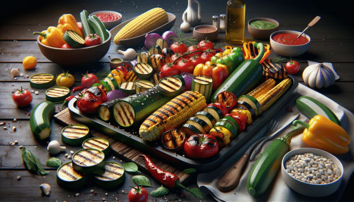 A colourful BBQ with grilled vegetables like zucchini, peppers, and corn, marinated for flavour.