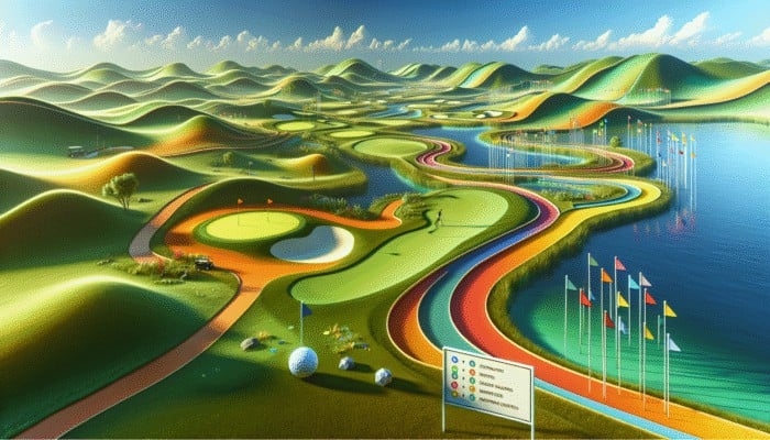 A vibrant golf course with unique paths, colourful flags, and innovative water hazards amidst lush greenery.