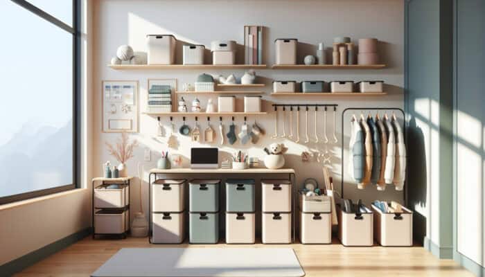A minimalist room featuring organised storage solutions, including bins, shelves, hooks, and labelled containers for seasonal items.