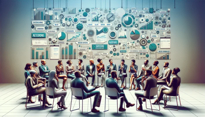 A dynamic networking event showcasing diverse professionals building genuine connections in a contemporary conference setting.