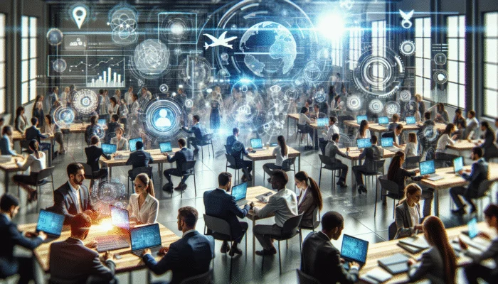 A diverse group of professionals participating in a focused workshop, utilising modern technology and networking for career development.