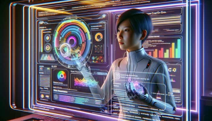 A webmaster monitors data on Google Search Console displayed on a futuristic holographic interface.