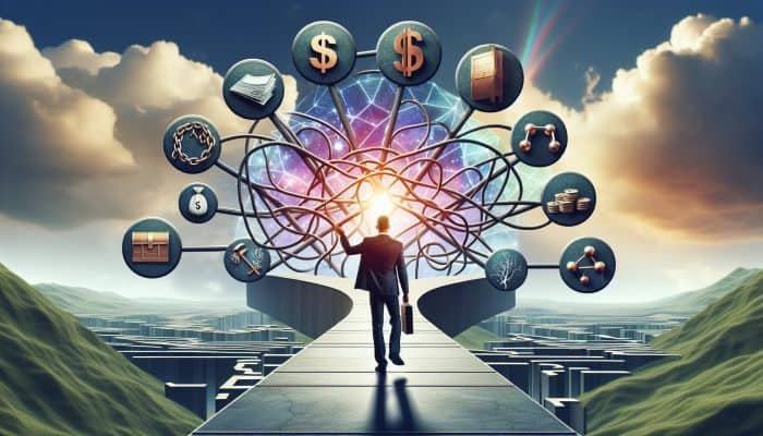 Fundamental Terminology in Debt Consolidation: A Comprehensive Overview | DCL A person confidently navigating a clear path through a complex financial landscape with labelled signposts under a bright sky.