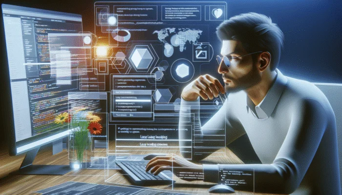 A web developer selecting tools for lazy loading to augment website performance in a contemporary workspace.