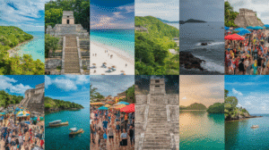 A collage of 12 vibrant images showing beaches, ancient stone ruins, lush green landscapes, ocean vistas, lively festivals with market stalls, boats on water, and beachgoers under sunny and cloudy skies—ideal for a Belize travel guide.