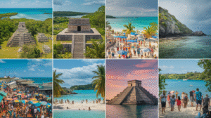 A collage of eight images featuring ancient Mayan ruins, bustling beaches, crystal-clear turquoise waters, a marketplace adorned with colourful umbrellas, tourists enjoying the sights, and tropical landscapes under the sunny and partly cloudy Belize skies.