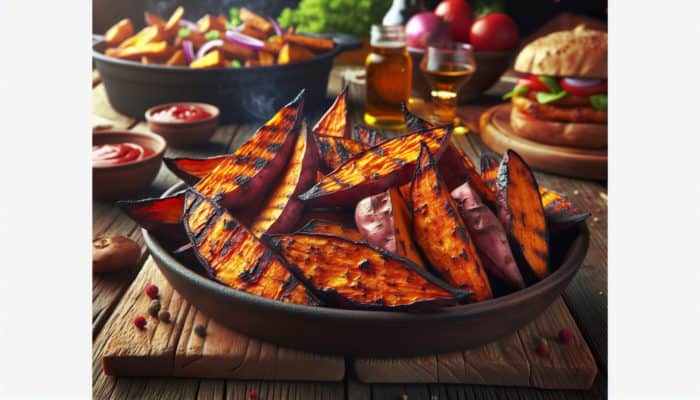 Savoury Smoked Sweet Potato Wedges: Crispy smoked sweet potato wedges on a rustic table at a lively cookout.