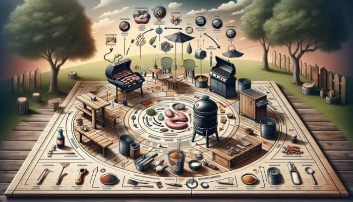 Infographic illustrating steps to prepare smoker: cleaning, seasoning, setting temperature, in rustic outdoor setting.