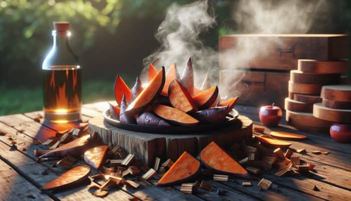 Savoury smoked sweet potato wedges on a wooden table with hickory and applewood chips, surrounded by aromatic smoke in sunlight.
