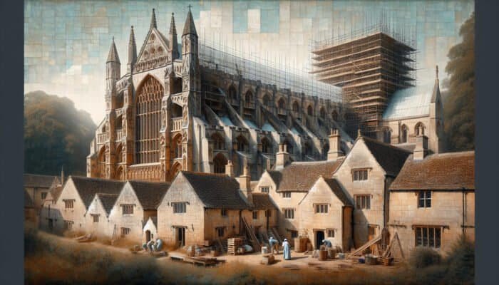 Detailed view of Westminster Abbey and Cotswold cottages, showcasing textured limestone facades and restorers engaged in their work.