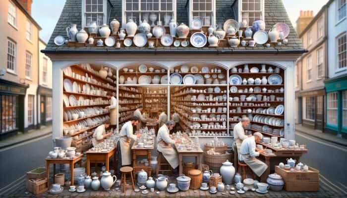A charming East Calder porcelain repair shop with skilled artisans restoring ceramics, offering personalised consultations.