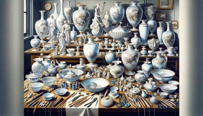 Skilled artisans in East Calder repairing various porcelain items, including vases and figurines.