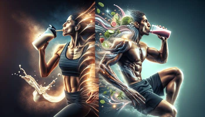 Athlete consuming whey protein shake and plant-based smoothie, illustrating rapid absorption and antioxidant benefits.