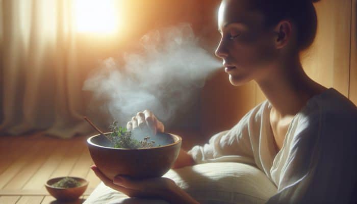 Individual inhaling steam from a bowl infused with eucalyptus and peppermint, enveloped in comforting mist for respiratory health.
