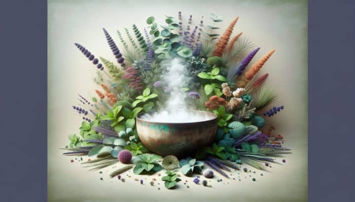 A tranquil spa setting featuring eucalyptus, mint, and lavender around a steaming bowl for inhalation.