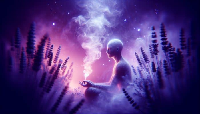 Individual inhaling calming lavender steam in a serene home spa, surrounded by soothing purple hues.