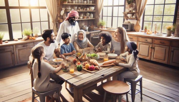 A diverse family discussing meal plans and sharing allergy-friendly recipes at a rustic table in a sunlit kitchen.