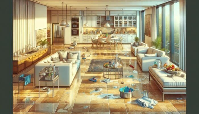 Sealed travertine floors and countertops in a clean, bright home, effortlessly maintained with mild detergent and water.