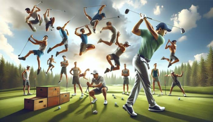 Golfer in mid-swing on a lush green course, engaged in dynamic plyometric drills to enhance muscle power and speed.