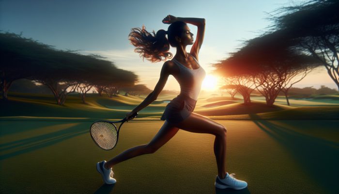 Golfer performing dynamic arm circles and leg swings at dawn, followed by static stretches at dusk on a verdant course.