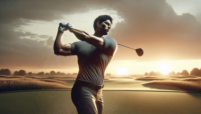 A golfer swinging powerfully on the 18th hole at sunset, demonstrating endurance.