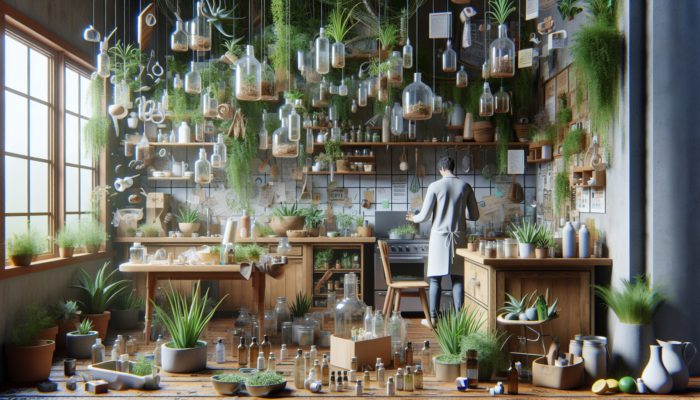 Individual preparing homemade hair spray in a rustic kitchen, utilising recyclable glass bottles and natural ingredients, surrounded by greenery.