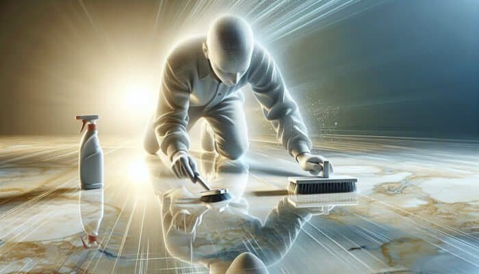 Person cleaning travertine floor with brush, detergent, and stone cleaner, demonstrating effective stain removal.